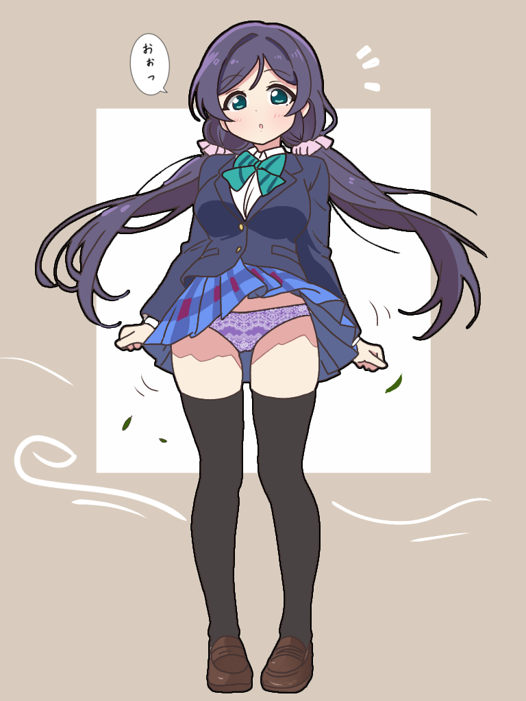 1girl black_thighhighs blush bow breasts clothes_lift commentary_request green_eyes hair_ornament large_breasts leaf long_hair love_live! love_live!_school_idol_project low_twintails mukiryoku_bato open_mouth otonokizaka_school_uniform panties pantyshot purple_hair purple_panties school_uniform scrunchie skirt skirt_lift solo surprised thighhighs tojo_nozomi translation_request twintails underwear upskirt wind wind_lift