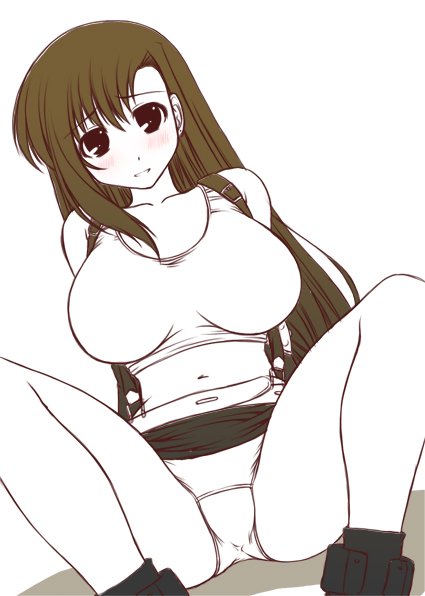 1990s_(style) 1girl abu breasts clothes_lift female_focus final_fantasy final_fantasy_vii huge_breasts panties pantyshot pencil_skirt retro_artstyle skirt skirt_lift solo spread_legs suspender_skirt suspenders tifa_lockhart underwear