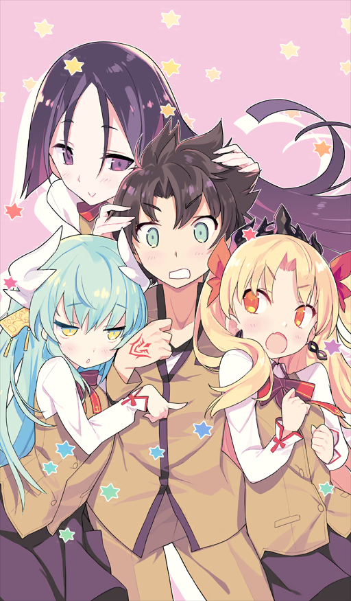 1boy 3girls :&gt; aqua_hair black_hair black_skirt black_tiara blade_(galaxist) blonde_hair blue_eyes blush bokutachi_wa_benkyou_ga_dekinai bow bowtie breasts brown_hair brown_jacket brown_pants brown_vest child closed_mouth collared_shirt commentary cowboy_shot curtained_hair dragon_horns earrings ereshkigal_(fate) fang fate/grand_order fate_(series) fujimaru_ritsuka_(male) hair_bow hands_on_another&#039;s_head harem height_difference homurabara_academy_school_uniform horns jacket jewelry kiyohime_(fate) leaning leaning_on_person long_hair long_sleeves looking_at_another minamoto_no_raikou_(fate) multiple_girls official_art open_mouth orange_eyes pants parody parted_bangs parted_lips pink_background purple_eyes red_bow red_bowtie school_uniform servant_summer_festival!_2018 shirt simple_background skin_fang skirt small_breasts smile spiked_hair third-party_source tiara two_side_up v-neck v-shaped_eyebrows vest white_horns white_shirt yellow_eyes