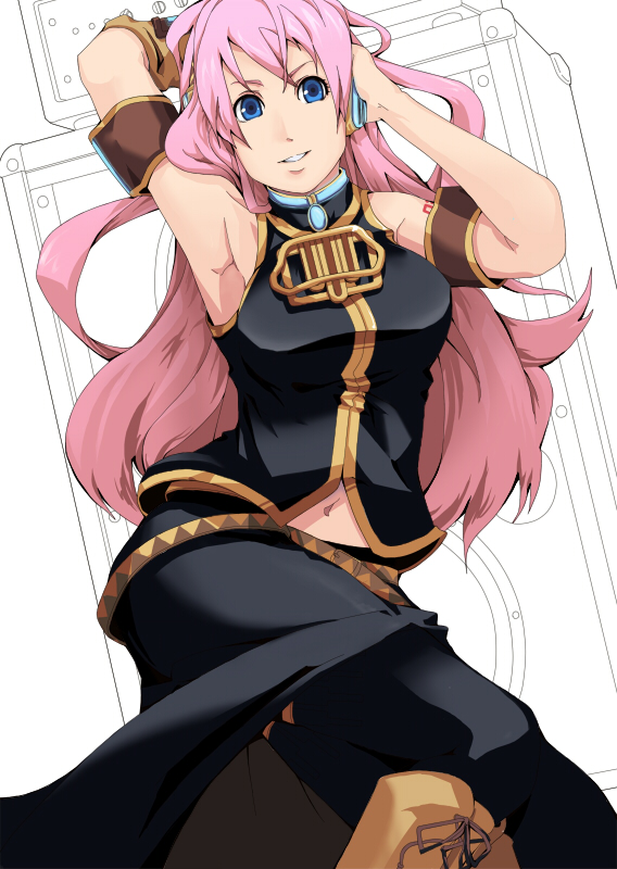 1girl armpits arms_behind_head black_shirt black_skirt black_thighhighs blue_eyes boots breasts brown_boots commentary_request feet_out_of_frame headset hutene large_breasts long_hair looking_at_viewer megurine_luka navel pink_hair shirt skirt skirt_set sleeveless sleeveless_shirt solo thighhighs vocaloid