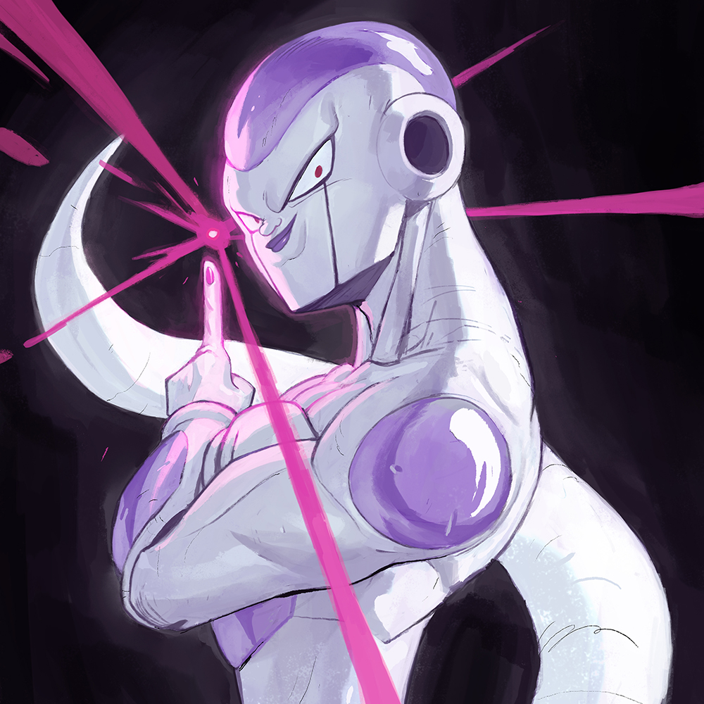 1boy alien bald black_background black_nails collarbone colored_skin crossed_arms dragon_ball dragonball_z energy_ball evil_smile final_form_frieza frieza garrett_hanna index_finger_raised looking_at_viewer male_focus purple_lips red_eyes smile solo tail white_skin