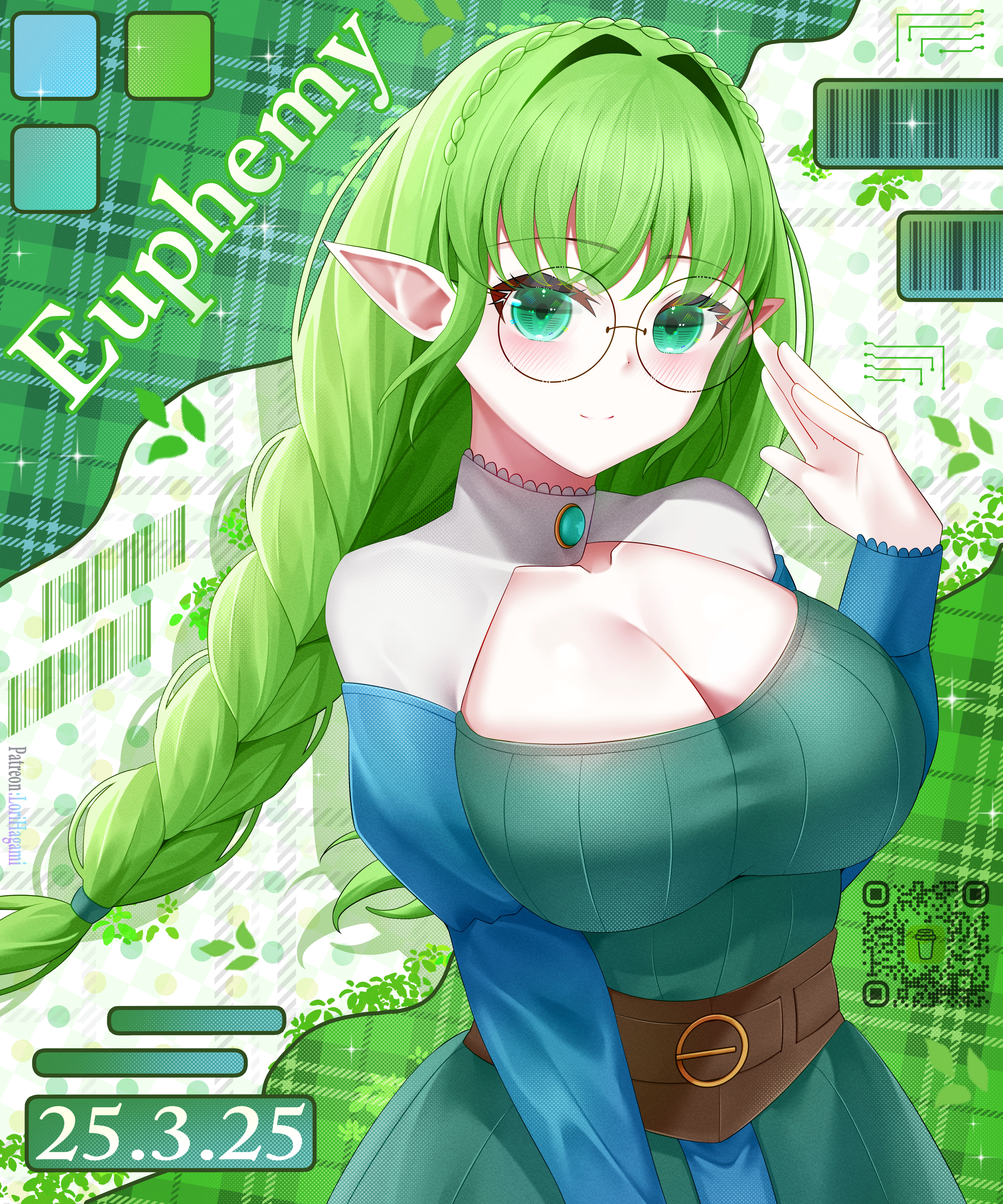 1girl absurdres barcode belt blush braid breasts brown_belt cleavage cleavage_cutout closed_mouth clothing_cutout commission commissioner_upload crown_braid dated dress elf euphemy_sylvaine gem glasses green_background green_dress green_eyes green_gemstone green_hair highres jewelry large_breasts long_hair long_sleeves looking_at_viewer lori_hagami official_art pointy_ears qr_code round_eyewear shrug_(clothing) smile solo twin_braids ways_of_darkness_(series)