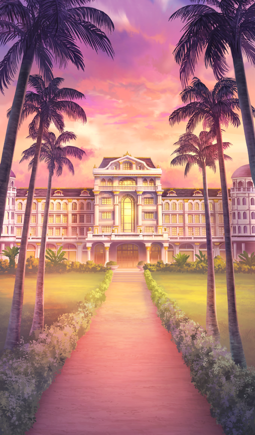 architecture building cloud cloudy_sky commentary_request fate/grand_order fate_(series) lasengle no_humans official_art outdoors palm_tree pink_sky scenery sky stairs still_life sunlight sunset third-party_source tree