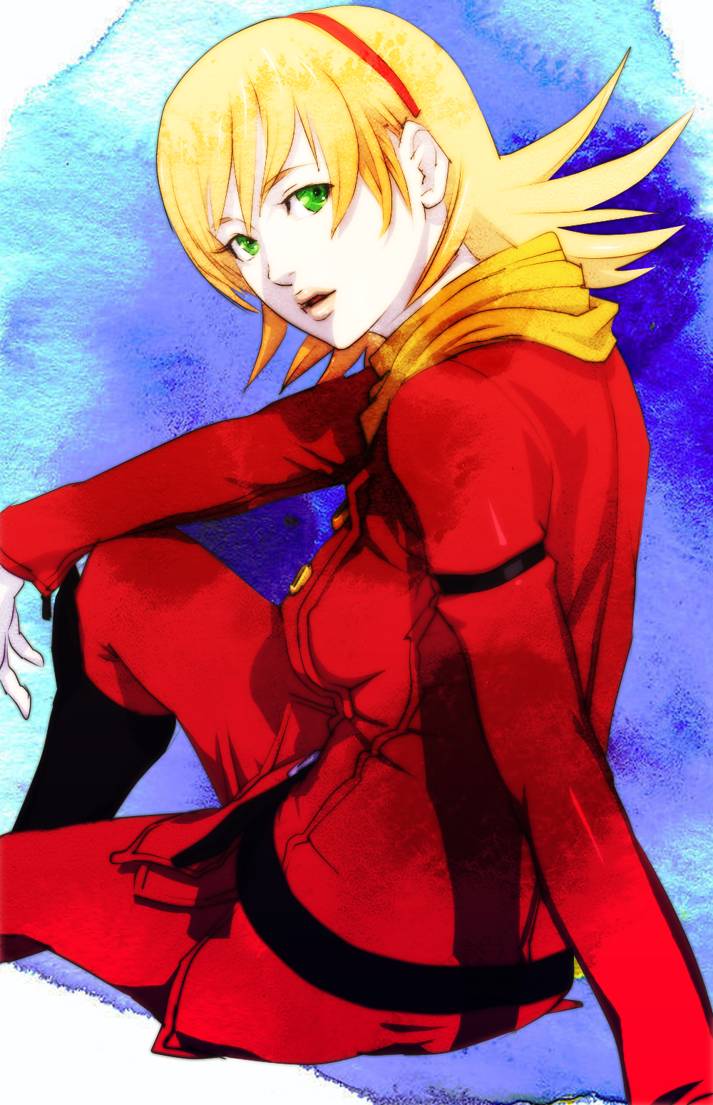 009_re:cyborg 10s 1girl blonde_hair cyborg_009 francoise_arnoul green_eyes hairband highres looking_back oprince scarf short_hair sitting