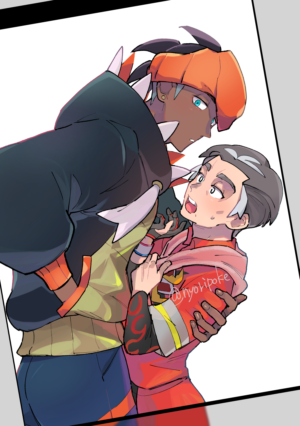 2boys aqua_eyes black_hair black_hoodie commentary_request dark-skinned_male dark_skin dynamax_band earrings from_side gloves hand_in_pocket headband highres hood hood_down hoodie interracial jewelry kabu_(pokemon) male_focus multiple_boys nintendo nyoripoke orange_headband pokemon pokemon_swsh raihan_(pokemon) shirt short_hair shorts single_glove tassel towel towel_around_neck undercut undershirt yaoi