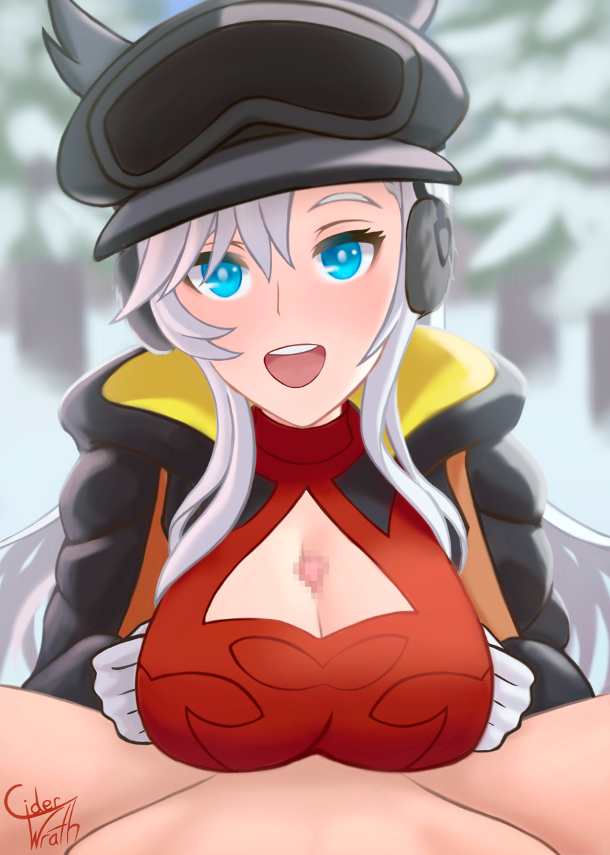 1boy 1girl black_jacket blue_eyes breasts ciderwrath cleavage_cutout clothing_cutout dragalia_lost ear_covers earmuffs forest gloves goggles goggles_on_head highres ilia_(dragalia_lost) jacket large_breasts looking_at_viewer nature open_clothes open_jacket open_mouth paizuri red_shirt shirt signature snow white_gloves white_hair