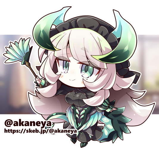 1girl akaneya black_dress black_hat black_wings blurry blurry_background border chamber_dragonmaid chibi commission dragon_horns dragon_tail dragon_wings dress duel_monster duster full_body green_eyes grey_hair hat holding holding_duster horns low_wings maid mob_cap skeb_commission solo tail twitter_username white_border wings yu-gi-oh!