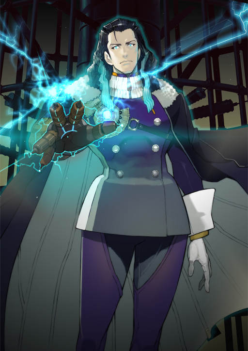 1boy aqua_eyes aqua_hair arm_at_side black_cape black_hair buttons cape chaps closed_mouth cowlick double-breasted electricity fate/grand_order fate_(series) feet_out_of_frame fur-trimmed_cape fur_trim gloves glowing gradient_clothes gradient_jacket grey_jacket grey_pants hair_slicked_back hand_up high_collar jacket lightning long_hair long_sleeves looking_at_viewer male_focus mechanical_arms multicolored_hair namaniku_atk nikola_tesla_(fate) o-ring official_art outstretched_hand pants purple_jacket purple_pants science_fiction single_mechanical_arm solo standing third-party_source two-tone_hair variant_set white_gloves
