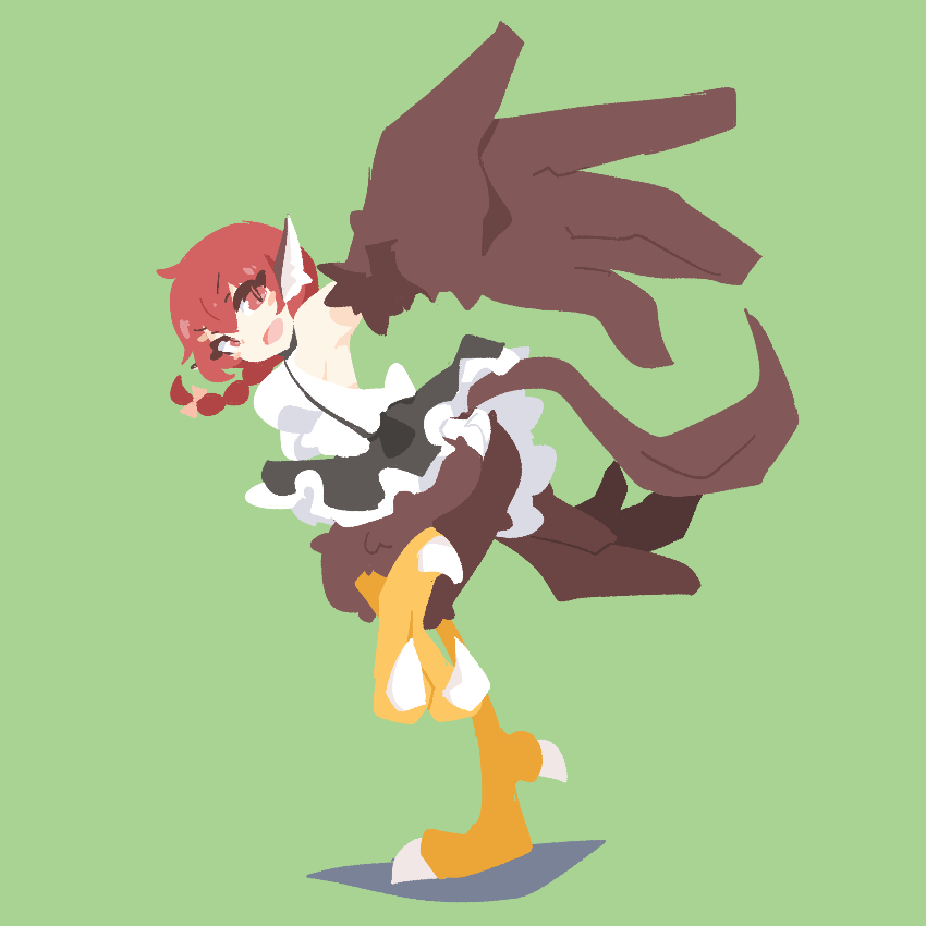 1girl animal_ears bare_shoulders big_o_pants bird_ears bird_legs bird_tail black_feathers black_skirt black_wings blush_stickers breasts commentary feather_fingers feathers fio-chan_(big_o_pants) frilled_skirt frills green_background harpy large_breasts long_hair looking_at_viewer monster_girl open_mouth original ponytail red_eyes red_hair shirt simple_background skirt sleeveless sleeveless_shirt solo standing standing_on_one_leg tail talons white_shirt winged_arms wings