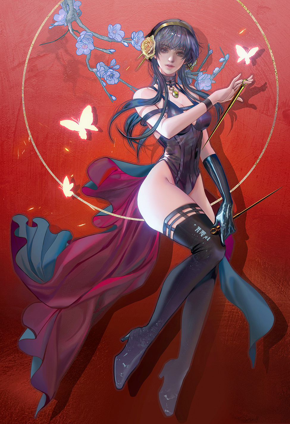 1girl bare_shoulders black_gloves black_hair black_leotard boots branch breasts bug butterfly cleavage commentary dress elbow_gloves english_commentary fan_yang_(jiuge) flower full_body gloves hairband hand_up high_heels highleg highleg_leotard highres holding holding_weapon insect jewelry knees_together_feet_apart leotard long_dress long_hair looking_at_viewer medium_breasts necklace parted_lips rose shadow single_elbow_glove solo spy_x_family thigh_boots thighs weapon yellow_flower yellow_hairband yellow_rose yor_briar