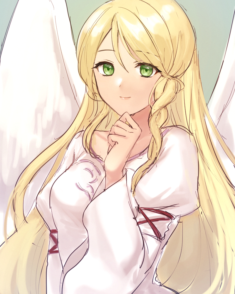 1girl angel_wings blonde_hair closed_mouth dress feathered_wings fire_emblem fire_emblem:_path_of_radiance fire_emblem:_radiant_dawn green_eyes hazuki_(nyorosuke) leanne_(fire_emblem) long_hair long_sleeves looking_at_viewer nintendo smile upper_body white_dress white_wings wide_sleeves wings