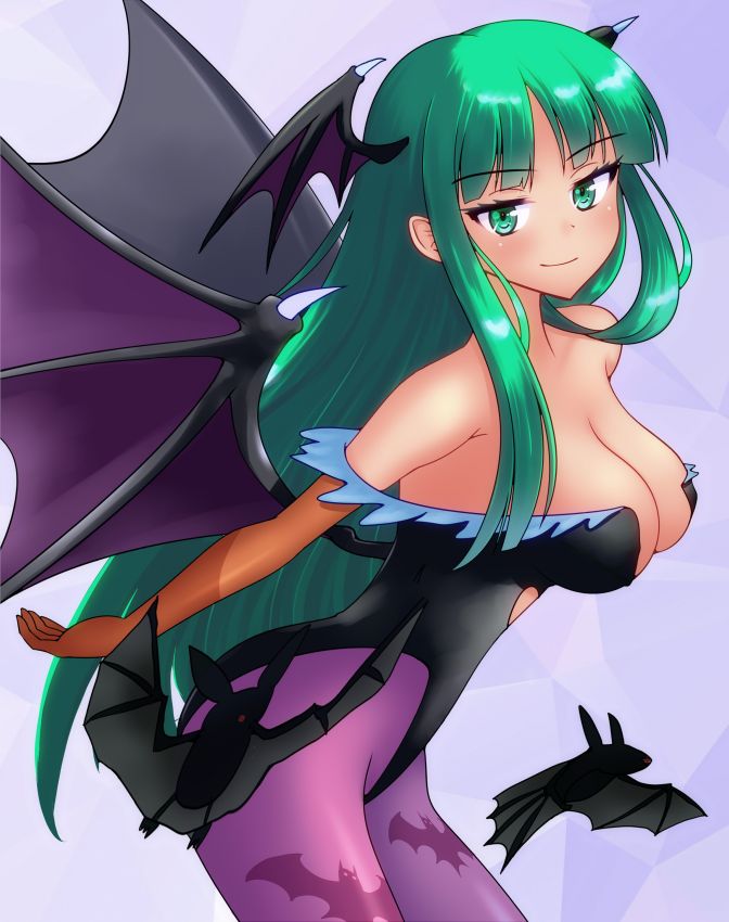 1girl bare_shoulders bat_(animal) bat_wings black_leotard blunt_bangs breasts bridal_gauntlets cleavage darkstalkers green_eyes green_hair head_wings kasabou leotard long_hair long_sleeves looking_at_viewer morrigan_aensland pantyhose purple_background purple_pantyhose smile solo strapless strapless_leotard wings