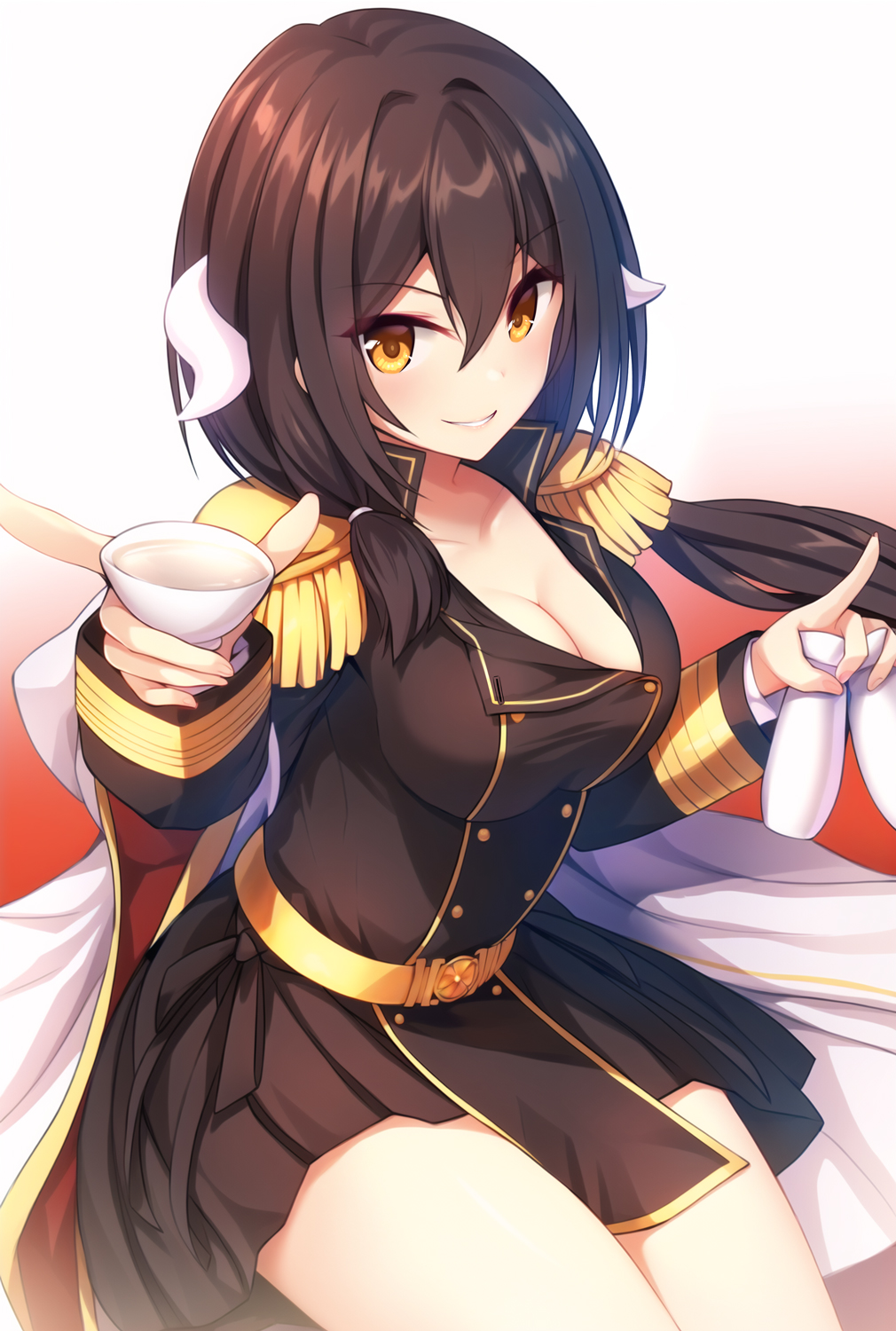 1girl azur_lane belt bottle breasts brown_jacket brown_skirt buttons cleavage coat coat_on_shoulders cup curled_horns double-breasted epaulettes gloves gold_trim hair_between_eyes highres holding horns jacket large_breasts long_hair long_sleeves mikasa_(azur_lane) military military_uniform miniskirt noukatu pleated_skirt sakazuki sake_bottle skirt solo white_coat white_gloves yellow_eyes