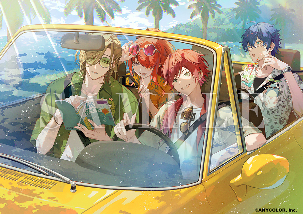 1girl 3boys :d :o adjusting_eyewear animal animal_in_clothes aqua_jacket aqua_shirt black_hair black_undershirt blue_hair book breast_pocket brown_hair car cat cloud convertible copyright_notice cup day drink drinking_straw driving elbow_rest eyewear_hang eyewear_on_head food fruit glasses green-tinted_eyewear green_eyes green_jacket grey_eyes grin hair_between_eyes hair_over_one_eye hair_over_shoulder half_updo hand_on_eyewear hawaiian_shirt head_rest hinatsu holding holding_book holding_cup jacket lain_paterson lauren_iroas leos_vincent light_particles lime_(fruit) lime_slice long_hair looking_ahead looking_to_the_side low_ponytail mameneko_(leos_vincent) medium_hair mole mole_under_eye motor_vehicle multicolored_hair multiple_boys nijisanji ocean official_art oliver_evans one_eye_covered open_book open_clothes open_jacket open_mouth orange_nails orange_shirt outdoors palm_tree parted_lips patterned_clothing pink-tinted_eyewear pocket pointing ponytail print_shirt reading red_hair reflection round_eyewear sample_watermark shirt short-sleeved_jacket short_hair short_sleeves smile steering_wheel streaked_hair sunglasses sunlight swept_bangs t-shirt tinted_eyewear tree unworn_eyewear virtual_youtuber watch watermark white_shirt wing_collar wristwatch