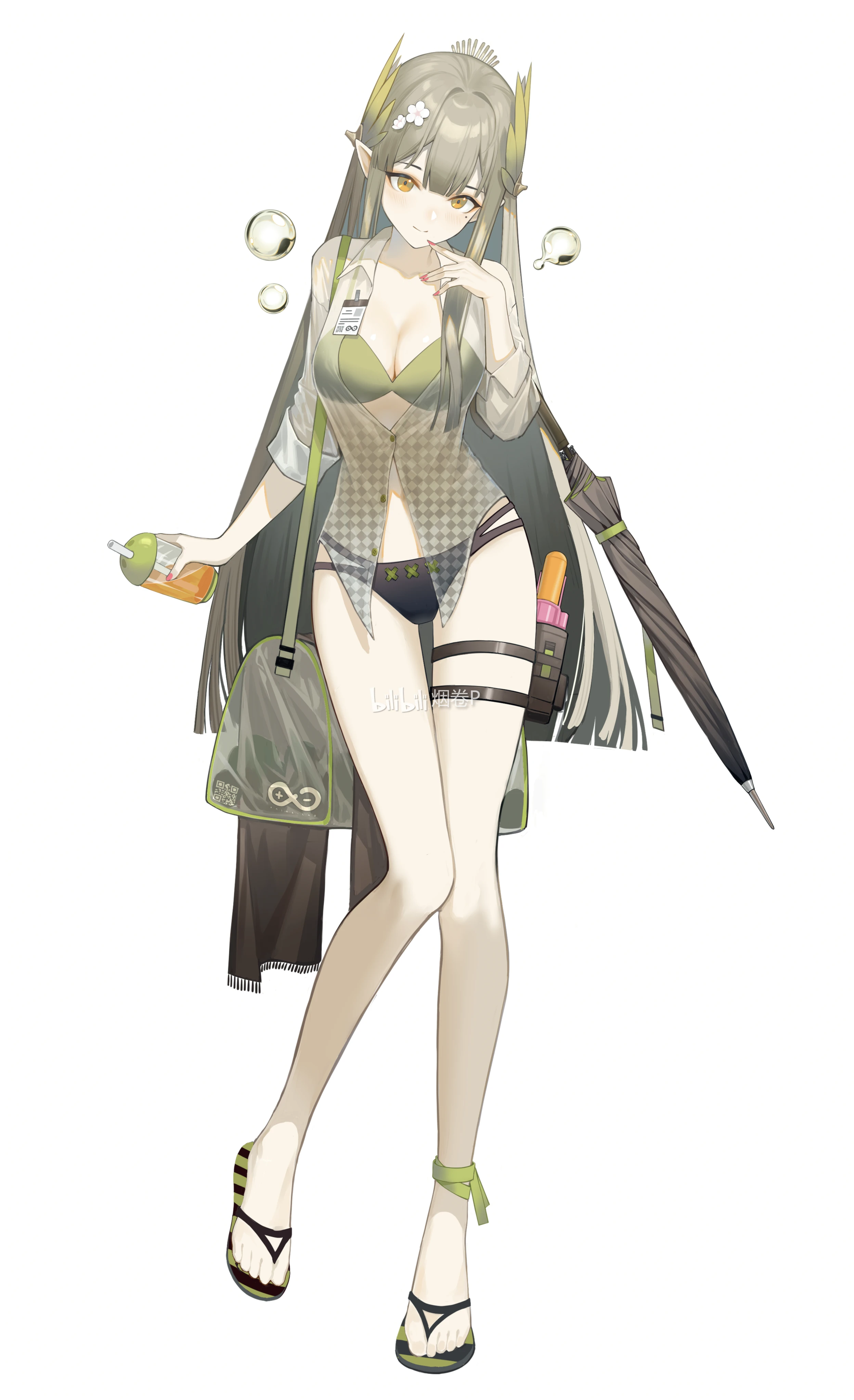 1girl absurdres arknights bag bikini bilibili_logo bilibili_username black_umbrella blunt_ends breasts brown_hair checkered_clothes checkered_shirt chinese_commentary cigarette_p cleavage closed_mouth closed_umbrella collared_shirt commentary_request cup disposable_cup drinking_straw elf finger_to_mouth flower full_body hair_flower hair_ornament highres holding holding_cup id_card juice knees_together_feet_apart laurel_crown long_hair looking_at_viewer medium_breasts mole mole_under_eye muelsyse_(arknights) multi-strapped_bikini_bottom nail_polish orange_eyes partially_unbuttoned pink_nails pointy_ears pouch rhine_lab_logo sandals see-through_clothes see-through_shirt shirt shoulder_bag simple_background solo standing straight_hair swimsuit thigh_pouch umbrella very_long_hair water_gun white_background white_flower