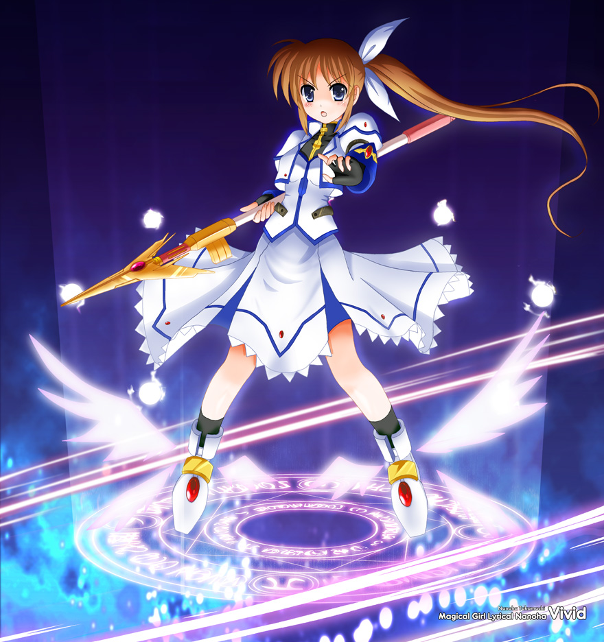 00s 10s 1girl :o blush brown_hair character_name copyright_name dress energy_ball female_focus fingerless_gloves flipper gloves glowing jacket long_hair lyrical_nanoha magazine_(weapon) magic_circle magical_girl mahou_shoujo_lyrical_nanoha_strikers mahou_shoujo_lyrical_nanoha_vivid md5_mismatch open_clothes open_jacket orange_hair purple_eyes raising_heart raising_heart_(exceed_mode) red_hair resolution_mismatch shoes side_ponytail solo source_larger staff standing standing_on_magic_circle takamachi_nanoha takamachi_nanoha_(exceed_mode) winged_footwear wings
