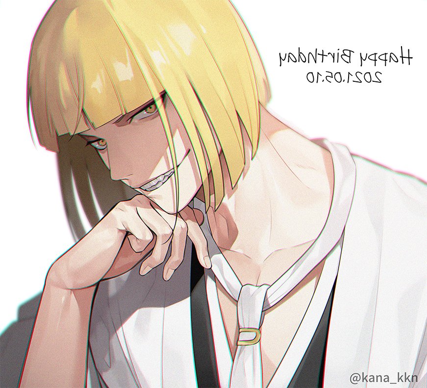 1boy backwards_text bleach blonde_hair brown_eyes collarbone dated evil_grin evil_smile fingernails grin happy_birthday hirako_shinji japanese_clothes kaidou_j1 looking_at_viewer male_focus portrait short_hair smile solo teeth twitter_username white_background