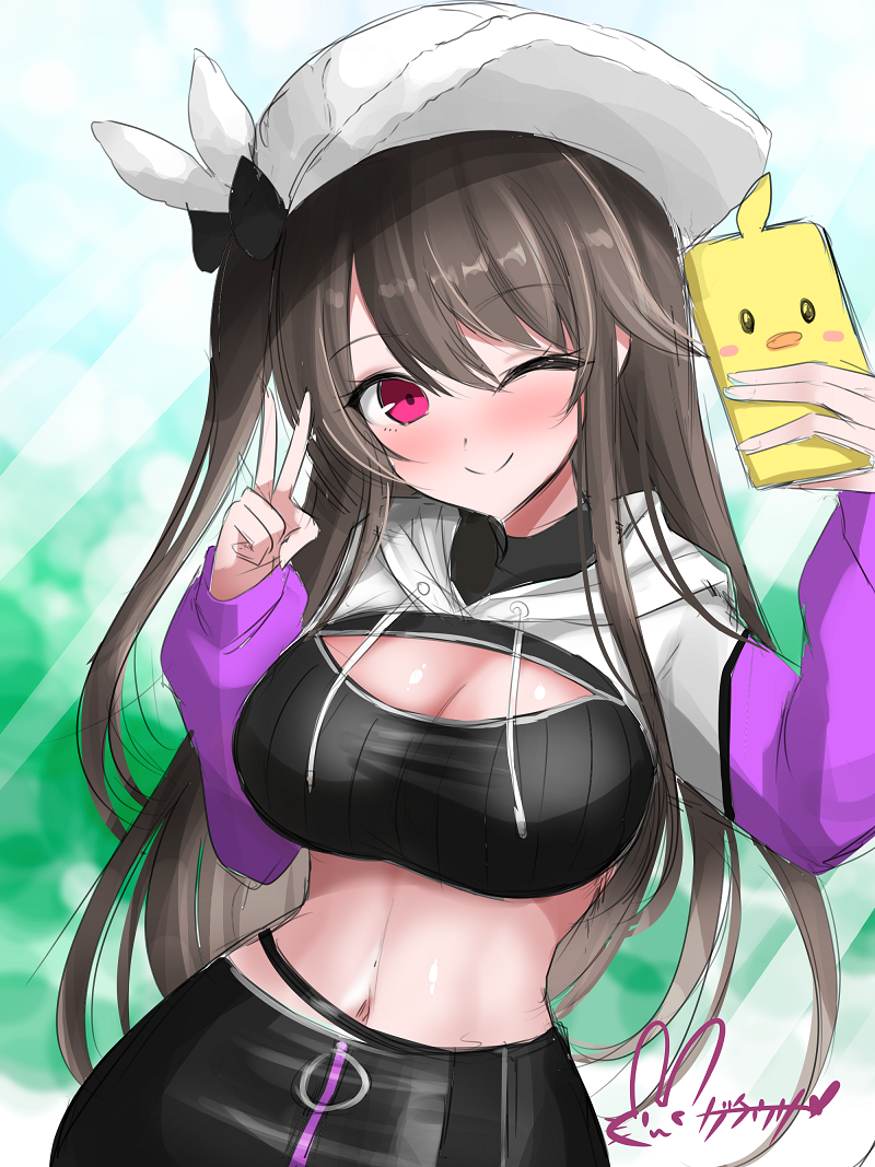 1girl ;) azur_lane black_skirt blush breasts brown_hair cleavage commentary_request crop_top cropped_hoodie hair_over_one_eye hands_up happy hat hip_focus hisin holding holding_phone hood hoodie large_breasts long_hair long_sleeves medium_breasts midriff navel one_eye_closed outdoors pamiat_merkuria_(azur_lane) pamiat_merkuria_(chic_and_cheeky)_(azur_lane) phone pink_eyes skirt smile solo v very_long_hair
