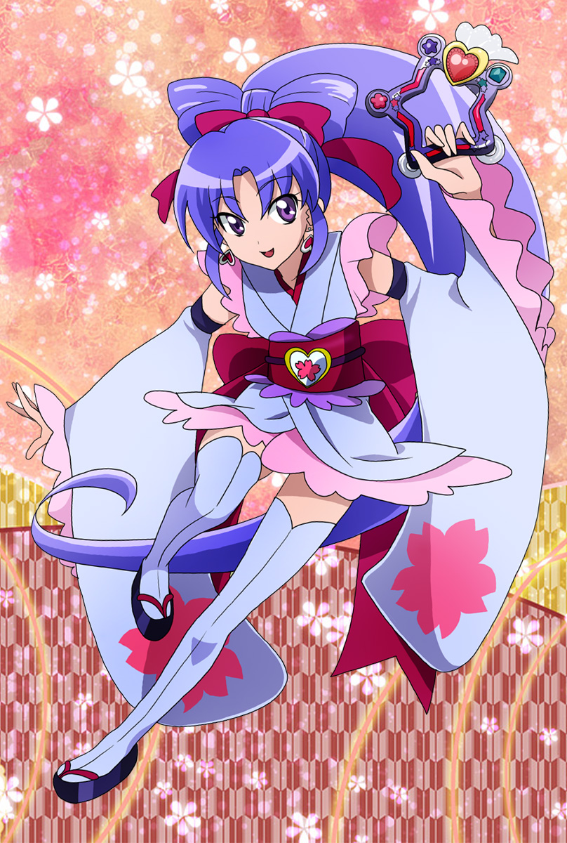 blue_hair cure_fortune cure_fortune_(anmitsu_komachi) detached_sleeves earrings fortune_tambourine frilled_skirt frilled_sleeves frills hair_ornament happinesscharge_precure! highres hikawa_iona japanese_clothes jewelry long_hair masako_(sabotage-mode) obi okobo open_mouth platform_sandals precure purple_eyes red_ribbon ribbon sandals sash skirt smile thighhighs tomatsu_haruka