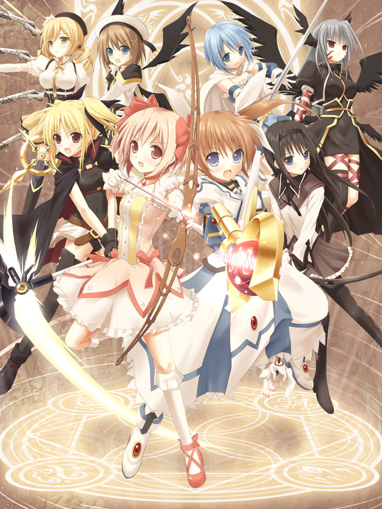 10s 6+girls akemi_homura akemi_homura_(magical_girl) akkijin bardiche_(nanoha) bardiche_(scythe_form)_(nanoha) beret black_hair blonde_hair blue_eyes blue_hair bow_(weapon) brown_hair crossover drill_hair facial_mark fate_testarossa fate_testarossa_(movie_1st_form) gun hairband hat head_wings kaname_madoka kyubey long_hair lyrical_nanoha magical_girl magical_musket mahou_shoujo_lyrical_nanoha mahou_shoujo_lyrical_nanoha_a&#039;s mahou_shoujo_lyrical_nanoha_the_movie_1st mahou_shoujo_madoka_magica mahou_shoujo_madoka_magica_(anime) miki_sayaka miki_sayaka_(magical_girl) multiple_girls pantyhose pink_eyes pink_hair raising_heart raising_heart_(device_mode)_(1st) red_eyes reinforce rifle short_hair short_twintails sword takamachi_nanoha takamachi_nanoha_(movie_1st_mode) thighhighs tomoe_mami tomoe_mami_(magical_girl) twin_drills twintails weapon wings yagami_hayate yellow_eyes