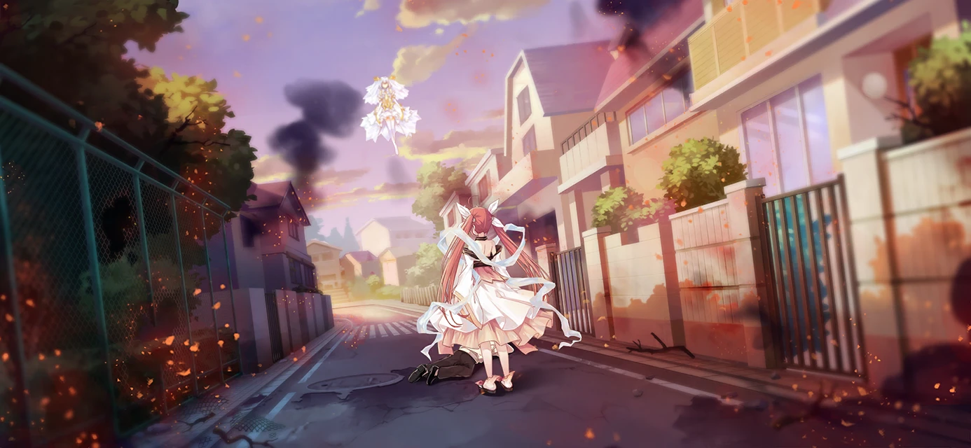 2girls ahoge bridal_veil chain-link_fence cloud date_a_live date_a_live:_spirit_pledge dress dutch_angle elbow_gloves fence floating game_cg gloves horns house itsuka_kotori_(spirit) japanese_clothes long_hair multiple_girls official_art outdoors red_hair ribbon sash short_hair smoke smoke_trail standing third-party_source tobiichi_origami_(spirit) tree twintails veil white_dress white_hair white_ribbon wide_sleeves window