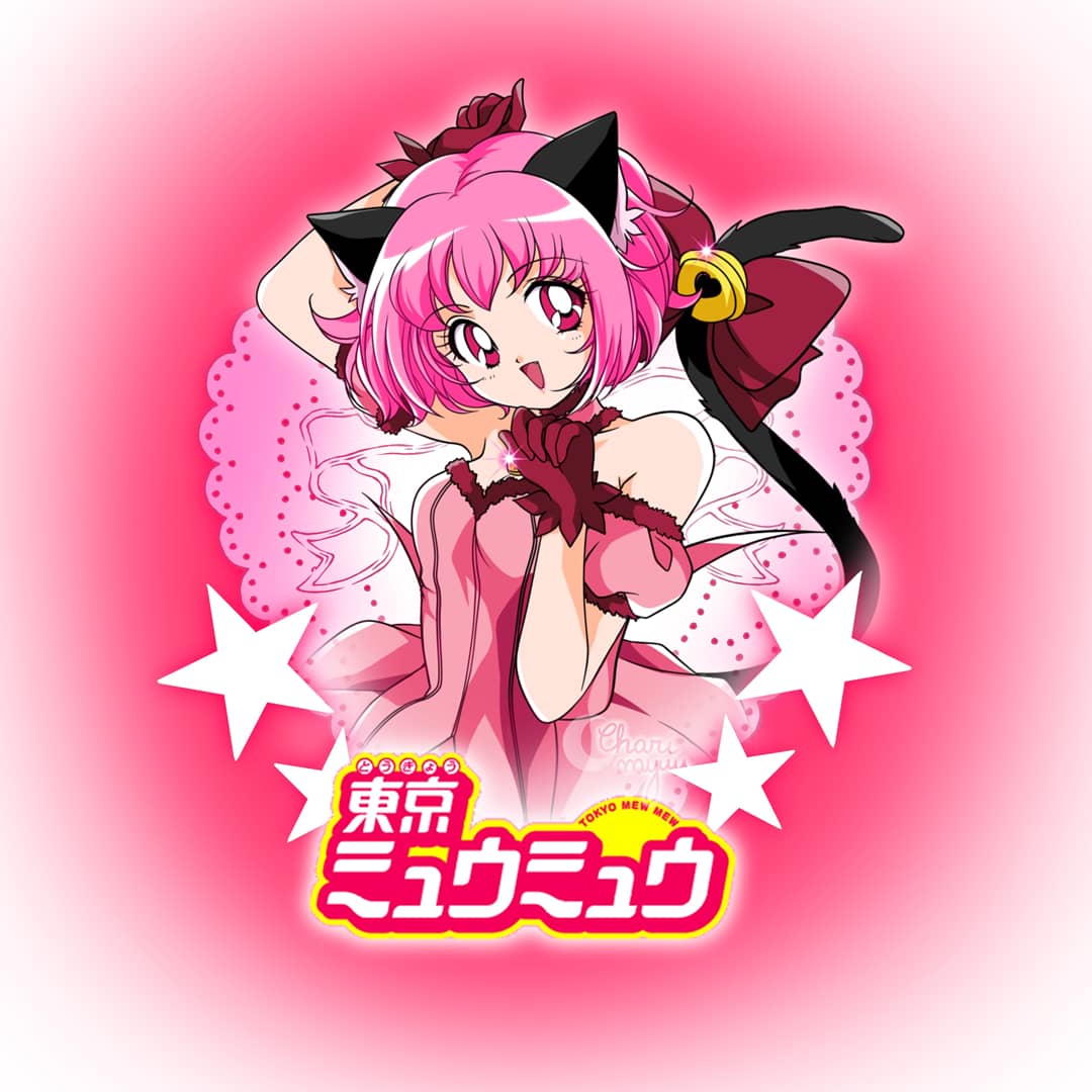1990s_(style) 1girl animal_ear_fluff animal_ears artist_name bad_id bad_twitter_id bare_shoulders bell bishoujo_senshi_sailor_moon bow bubble_skirt cat_ears cat_girl cat_tail choker clenched_hands commentary copyright_name crescent cropped_torso detached_sleeves dot_nose dress english_commentary eyelashes faux_traditional_media fur-trimmed_choker fur-trimmed_dress fur-trimmed_sleeves fur_trim gloves hand_on_own_head honeymoonpetal logo looking_at_viewer magical_girl mew_ichigo momomiya_ichigo open_mouth outline parody paw_pose pendant_choker pink_background pink_bow pink_choker pink_dress pink_eyes pink_gloves pink_hair pink_sleeves puffy_short_sleeves puffy_sleeves retro_artstyle short_hair short_sleeves skirt smile solo sparkle star_(symbol) strapless strapless_dress style_parody tail tail_bell tail_bow tail_ornament tareme tokyo_mew_mew vignetting watermark white_outline