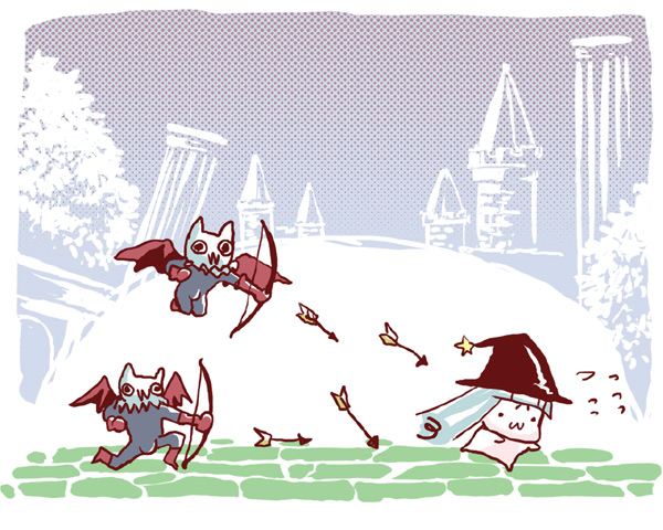 1girl :3 arrow_(projectile) black_hat bow_(weapon) bush chibi chibi_only column commentary_request fleeing full_body gargoyle_(ragnarok_online) grey_hair hat hat_ornament in-universe_location kawasemi_(pocorit) long_hair pillar ragnarok_online star_(symbol) star_hat_ornament weapon witch_hat wizard_(ragnarok_online)
