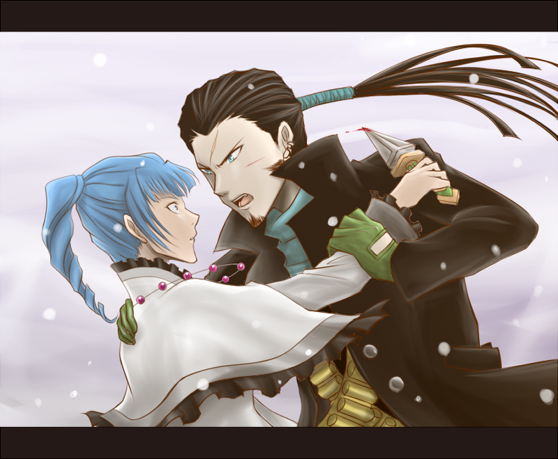 1girl ange_serena beard black_hair blue_eyes blue_hair breasts capelet coat dress facial_hair frills gloves jewelry long_hair necklace ponytail ribbon ricardo_soldato scar scarf snow tales_of_(series) tales_of_innocence weapon