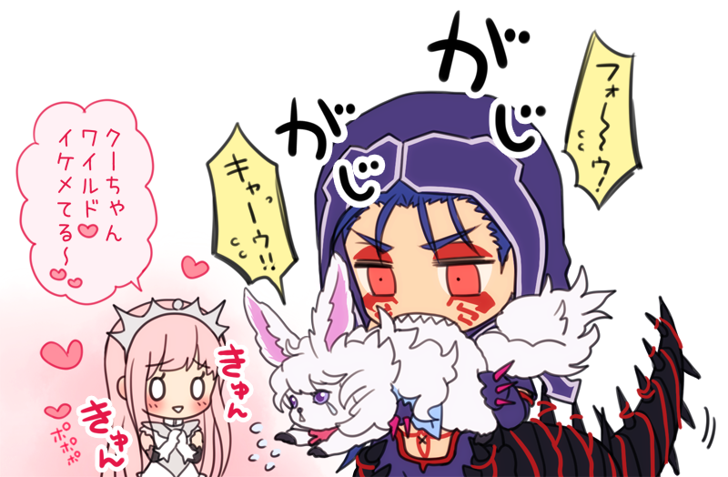 0_0 1boy 1girl biting blue_hair blue_hood chibi commentary_request cu_chulainn_(fate) cu_chulainn_alter_(fate) facial_tattoo fate/grand_order fate_(series) flying_sweatdrops fou_(fate) gloves heart hisohiso_(altoblue) holding medb_(fate) pink_hair red_eyes spiked_knuckles spiked_tail tail tattoo tears tiara translation_request white_gloves