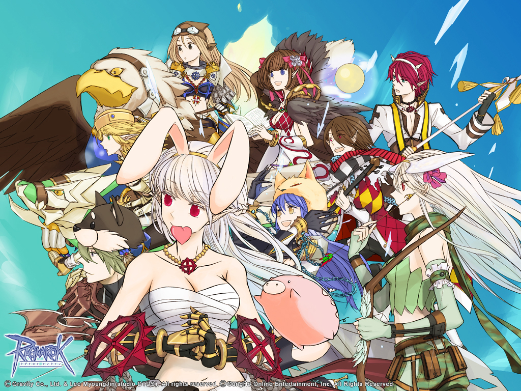 3boys 6+girls animal_ears arch_bishop_(ragnarok_online) argyle_clothes argyle_coat argyle_dress arm_blade armor arrow_(projectile) bangle belt bikini_armor black_gloves black_scarf blonde_hair blue_background blue_cape blue_eyes blue_hair bow_(weapon) bracelet breasts brown_bandana brown_belt brown_coat brown_hair camouflage camouflage_scarf camouflage_shorts cape choker cleavage closed_mouth coat copyright_notice cowboy_shot cropped_jacket detached_sleeves dress eyes_visible_through_hair fake_animal_ears fake_horns fang ferus_(ragnarok_online) fingerless_gloves fox_hat fur_collar gauntlets gloves green_eyes green_gloves green_scarf green_shorts green_tube_top grey_coat griffin gryphon_(ragnarok_online) guest_art guillotine_cross_(ragnarok_online) hair_between_eyes hairband head_wings heart holding holding_bow_(weapon) holding_instrument holding_staff holding_weapon horns instrument jacket jewelry kusabi_(aighe) logo long_bangs long_hair long_sleeves looking_afar looking_at_another looking_to_the_side lute_(instrument) medium_breasts medium_hair midriff minstrel_(ragnarok_online) multiple_boys multiple_girls music navel necklace official_art official_wallpaper open_mouth palm-fist_tap pauldrons piglet playing_instrument pointy_ears pouch rabbit_ears ragnarok_online ranger_(ragnarok_online) red_armor red_coat red_eyes red_hair red_scarf royal_guard_(ragnarok_online) rune_knight_(ragnarok_online) sarashi savage_babe scarf short_hair shorts shoulder_armor skin_fang sleeveless sleeveless_dress small_breasts smile sorcerer_(ragnarok_online) staff strapless striped_clothes striped_scarf sura_(ragnarok_online) tube_top upper_body warlock_(ragnarok_online) weapon white_dress white_hair white_hairband white_jacket white_scarf white_sleeves wings yellow_eyes