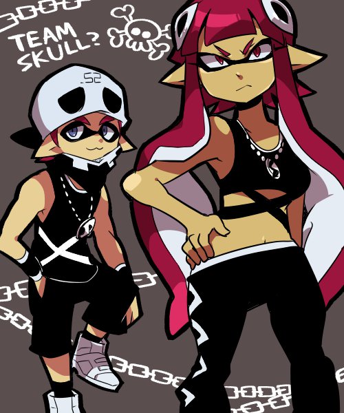 1boy 1girl :3 commentary_request cosplay hat inkling inkling_boy inkling_girl inkling_player_character midriff nana_(raiupika) nintendo pink_eyes pink_hair plumeria_(pokemon) plumeria_(pokemon)_(cosplay) pokemon pokemon_sm singlet skull_print splatoon_(series) splatoon_1 team_skull_grunt team_skull_grunt_(cosplay) tentacle_hair