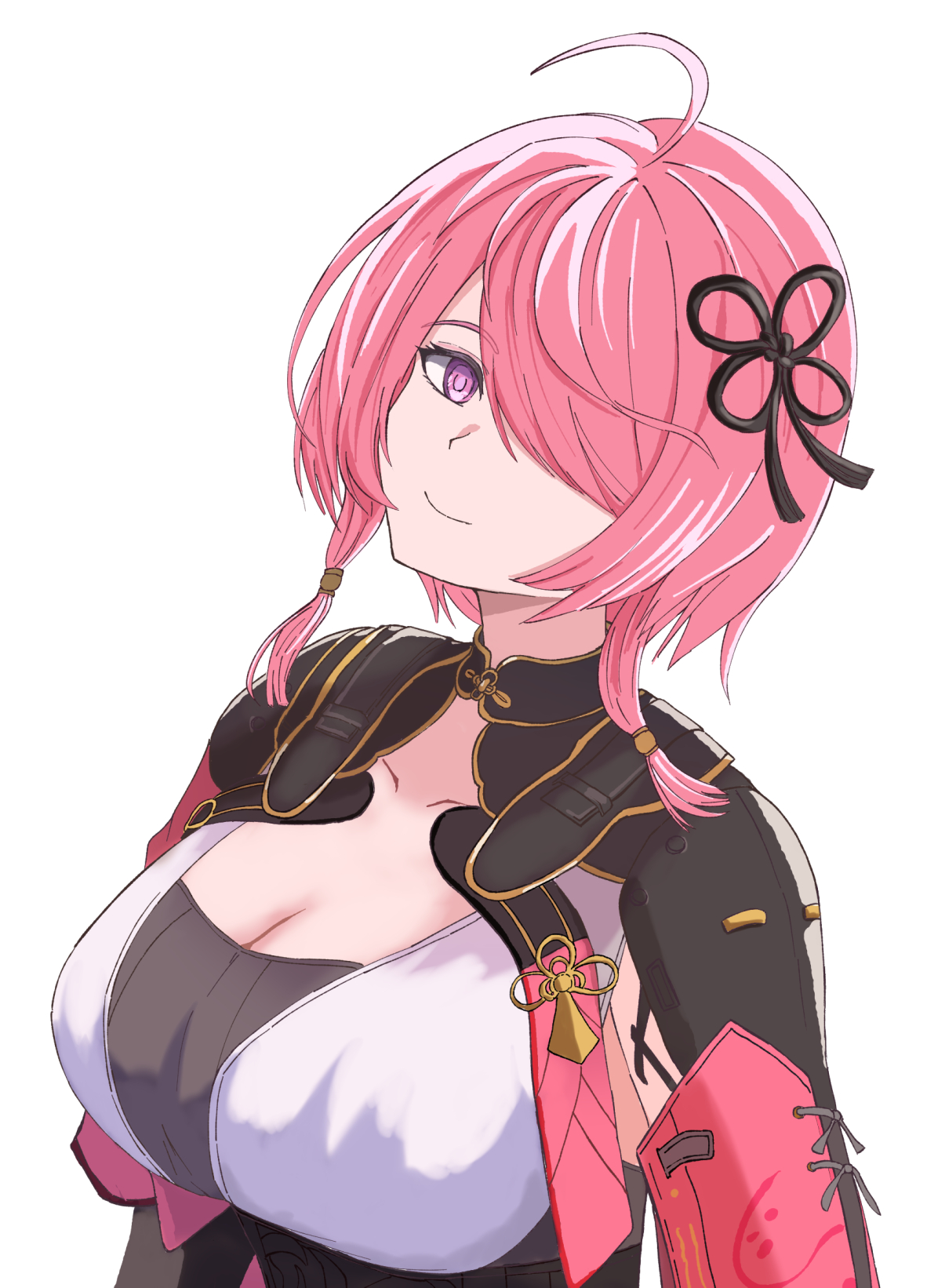 1girl ahoge arm_armor black_collar breasts cleavage closed_mouth collar commentary dress fuyuame5089 hair_between_eyes hair_ornament hair_over_one_eye highres large_breasts looking_at_viewer low-tied_sidelocks medium_hair pink_hair pink_sleeves purple_eyes sidelocks simple_background sleeveless sleeveless_dress smile solo standing taoqi_(wuthering_waves) upper_body white_background white_dress wuthering_waves