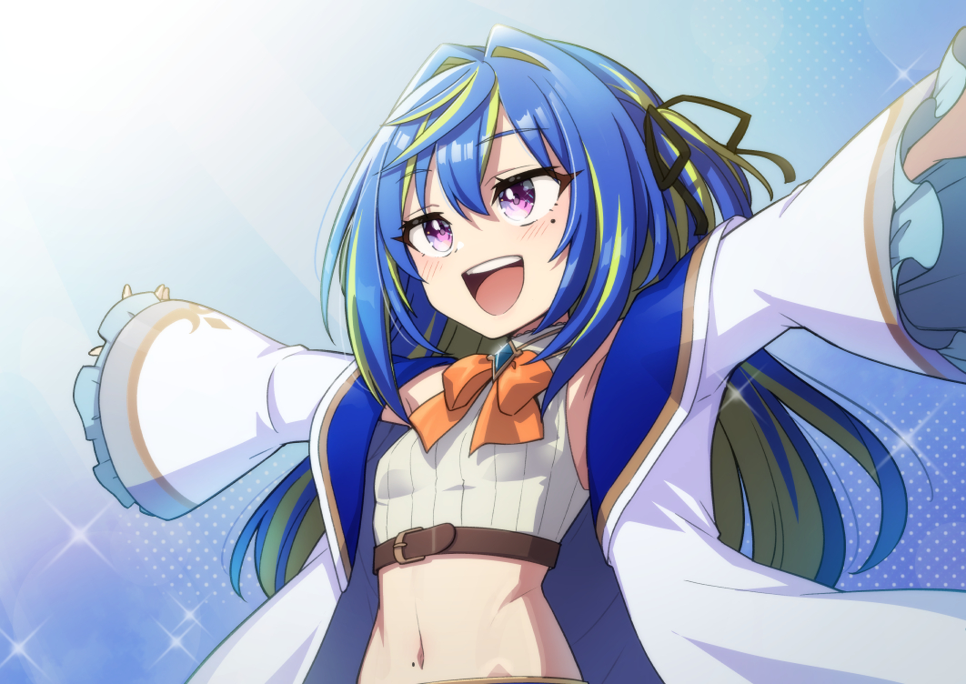 1girl :d belt black_ribbon blue_background blue_brooch blue_hair blush bow bowtie breasts brown_belt chest_belt coat commentary_request crop_top frilled_sleeves frills green_hair hair_between_eyes hair_intakes hair_ribbon heebee long_hair long_sleeves looking_afar midriff mole mole_on_stomach mole_under_eye multicolored_hair nanashi_inc. navel open_clothes open_coat open_mouth orange_bow orange_bowtie outstretched_arms pink_eyes ribbon shirt small_breasts smile solo sparkle spread_arms striped_clothes striped_shirt suzumi_nemo suzumi_nemo_(1st_costume) teeth two-tone_hair two_side_up upper_body upper_teeth_only vertical-striped_clothes vertical-striped_shirt virtual_youtuber white_coat white_shirt