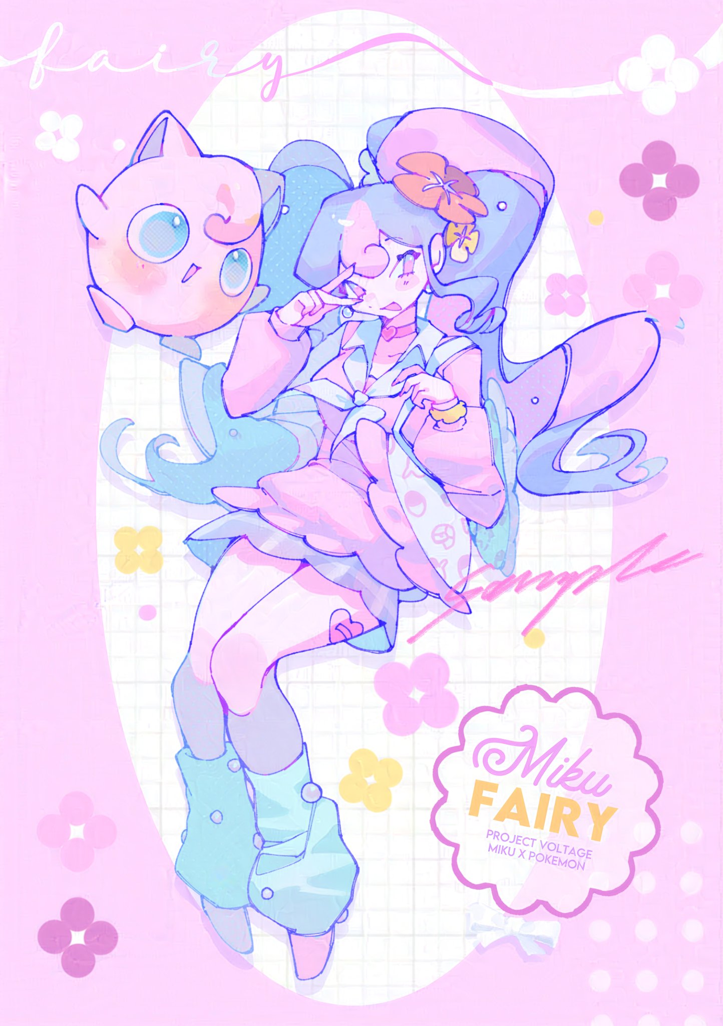 1girl bag bandaid_on_thigh beads blue_hair blue_leg_warmers blush_stickers character_name choker collar collarbone collared_dress copyright_name dress eyelashes fairy_miku_(project_voltage) floral_background flower frilled_bag frilled_dress frills full_body gen_1_pokemon hair_flower hair_ornament hashtag-only_commentary hatsune_miku heart heart-shaped_bag heart_choker hibiscus highres holding holding_bag jigglypuff knees leg_warmers long_hair long_sleeves looking_at_viewer multicolored_hair myun_(myun_art) neckerchief nintendo open_mouth pink_background pink_choker pink_dress pink_eyes pink_hair pink_shoes pink_sleeves pokemon pokemon_(creature) project_voltage puffy_long_sleeves puffy_sleeves red_flower sailor_dress sample_watermark scrunchie shoes shoulder_bag simple_background smile streaked_hair twintails v vocaloid watermark white_bag white_collar white_neckerchief wrist_scrunchie yellow_flower yellow_scrunchie