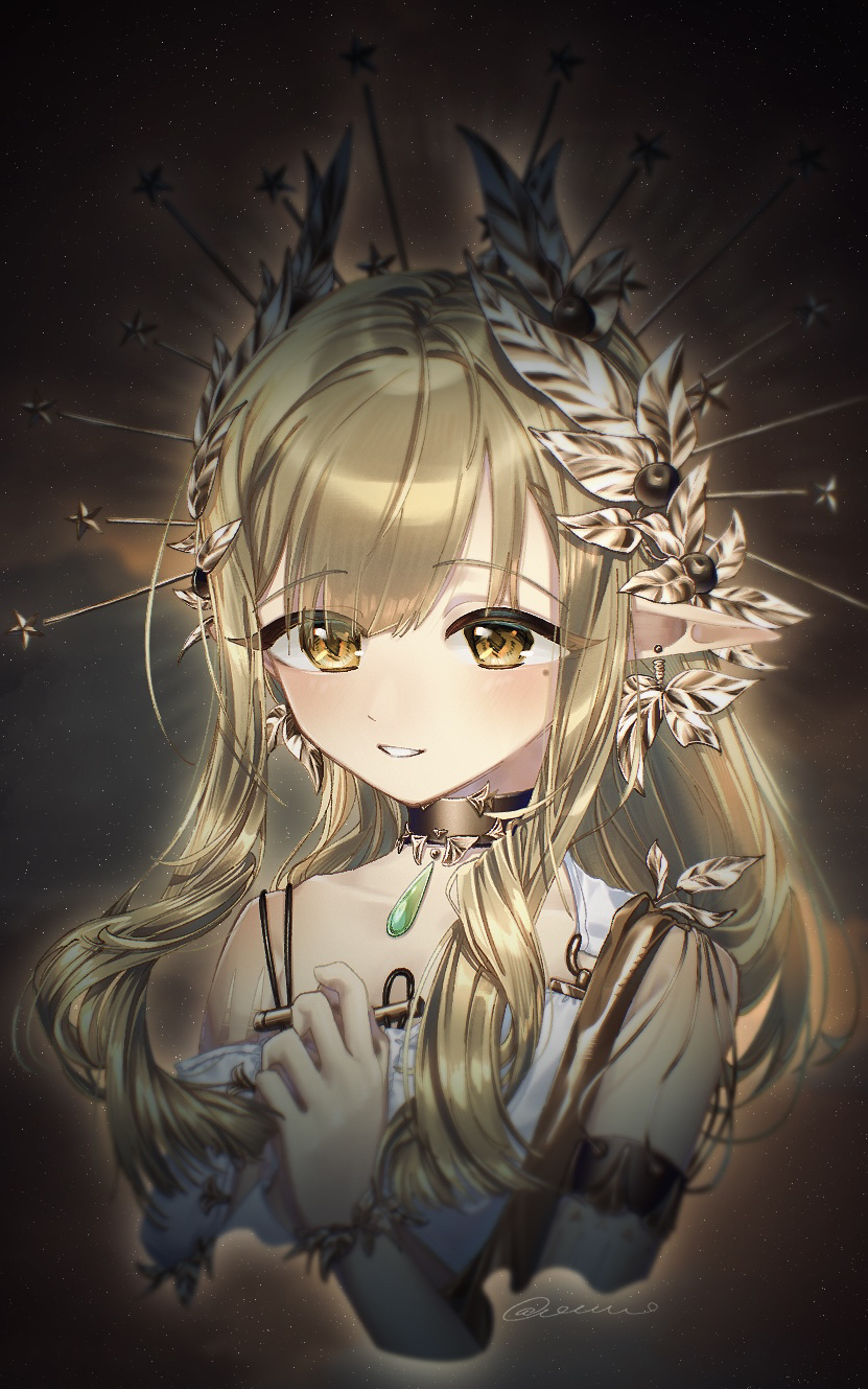 1girl arknights brown_hair choker ear_piercing elf highres jewelry laurel_crown laurels long_hair mole mole_under_eye muelsyse_(arknights) o_eeee_o piercing pointy_ears smile solo yellow_eyes