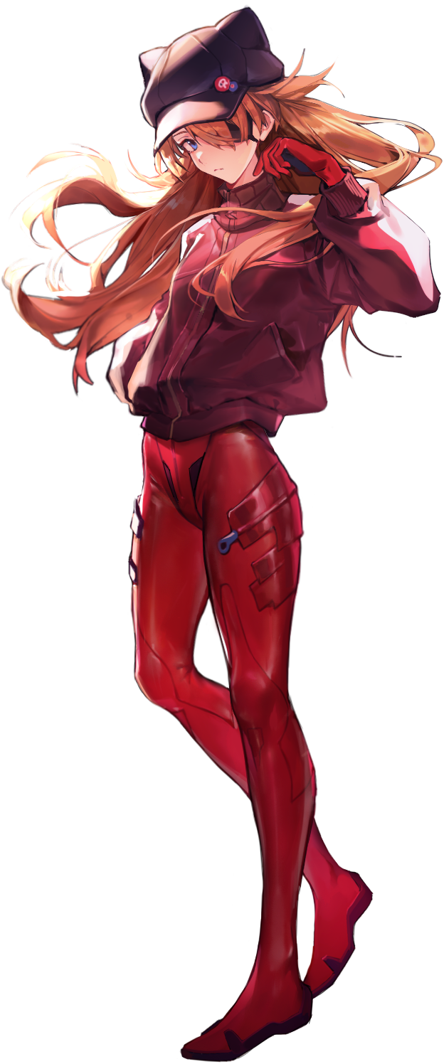 1girl artist_collaboration blue_eyes bodysuit copyright_name crossover eyepatch full_body goddess_of_victory:_nikke bad_tag hands_in_pockets hat highres jacket long_hair looking_at_viewer mecha_pilot_suit neon_genesis_evangelion official_art orange_hair plugsuit_(evangelion) rebuild_of_evangelion red_bodysuit red_jacket solo souryuu_asuka_langley third-party_edit tsundere