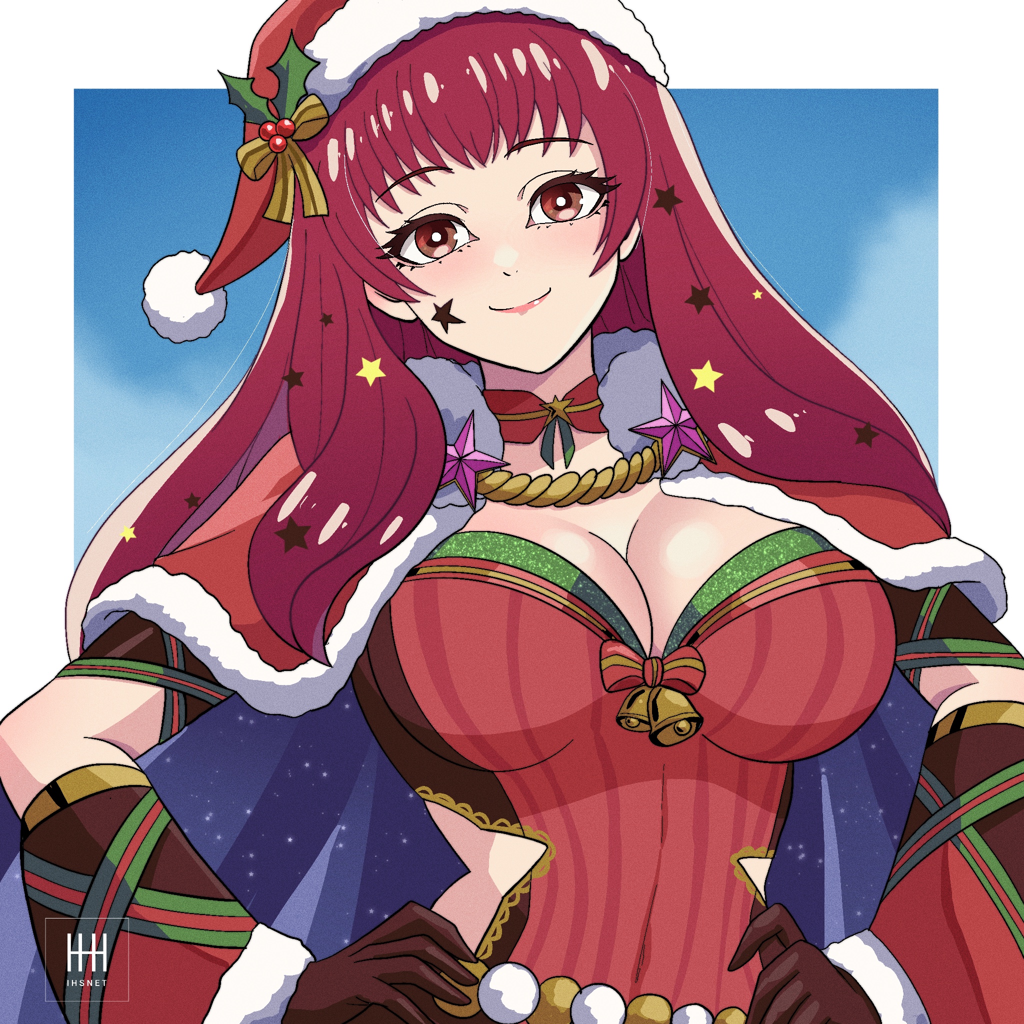 1girl blue_cape bodysuit breasts cape christmas cleavage facial_mark fire_emblem fire_emblem_engage fire_emblem_heroes hair_ornament hat highres ihsnet large_breasts multicolored_cape nintendo official_alternate_costume red_bodysuit red_cape santa_hat solo star_(symbol) star_facial_mark star_hair_ornament star_print yunaka_(fire_emblem) yunaka_(spirited_envoy)_(fire_emblem)