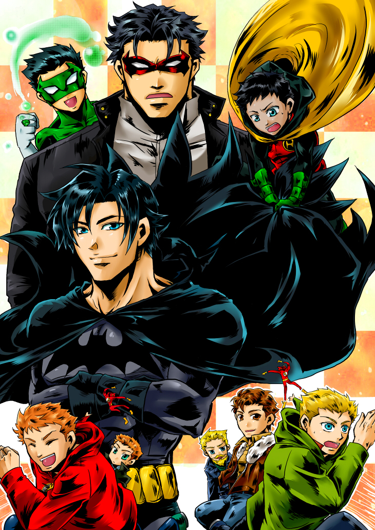 6+boys aqua_man barry_allen batman batman_(series) beard black_hair blonde_hair blue_eyes brothers brown_hair cape damian_wayne dark_skin dc_comics dick_grayson domino_mask facial_hair flash_(series) gloves green_lantern green_lantern_(series) hal_jordan jacket jason_todd jewelry male_focus mask multiple_boys orange_hair red_hood red_hood_(dc) ring roy_harper running siblings smile the_flash wally_west