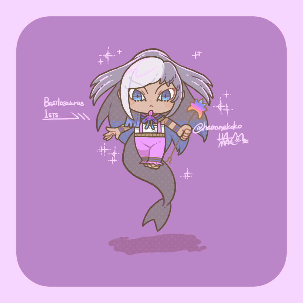1girl :&lt; armlet basilosaurus_isis_(kemono_friends) blue_eyes blue_hair border bracelet cetacean_tail character_name closed_mouth dark-skinned_female dark_skin fins fish_tail floating full_body grey_hair hamanekoko holding holding_wand jewelry kemono_friends kemono_friends_3 long_hair long_tail looking_at_viewer multicolored_hair pants pink_border pink_pants solo sparkle straight-on strapless suspenders tail twitter_username very_long_hair wand white_hair