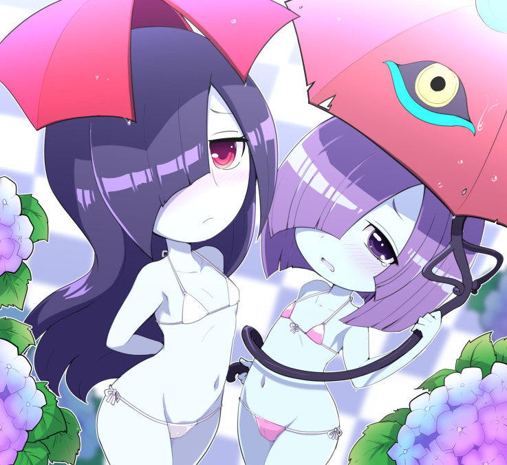 2girls ameonna_(youkai_watch) ameonna_(youkai_watch_4) bikini blue_skin blush breasts closed_mouth colored_skin flat_chest flower hair_over_one_eye holding holding_umbrella light_frown long_hair mother_and_daughter multiple_girls navel nollety open_mouth pink_bikini pink_eyes purple_eyes purple_hair short_hair side-tie_bikini_bottom small_breasts swimsuit tears umbrella white_bikini youkai_(youkai_watch) youkai_watch youkai_watch_2 youkai_watch_4