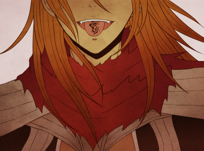 1boy armor assassin_cross_(ragnarok_online) black_shirt close-up commentary english_commentary eyes_out_of_frame grey_background grin head_out_of_frame long_hair male_focus open_mouth orange_hair pauldrons ragnarok_online red_scarf rinslette scarf shirt shoulder_armor simple_background smile solo tongue tongue_out tongue_tattoo torn_clothes torn_scarf upper_body