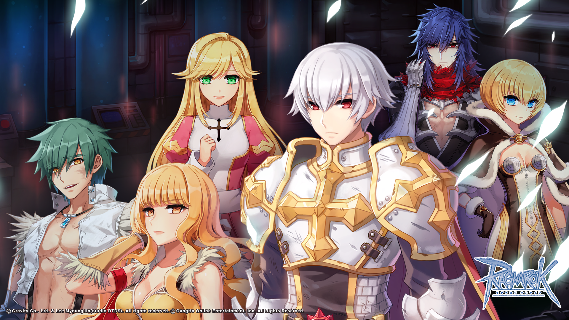 3boys 3girls armor assassin_cross_(ragnarok_online) bio_lab black_shirt black_tabard blonde_hair blue_eyes blue_hair blunt_bangs breastplate breasts brown_cape brown_dress brown_gloves cape cecil_damon chainmail cleavage closed_mouth copyright_notice cross cross_of_prontera dress eremes_guile expressionless eyes_visible_through_hair fur-trimmed_cape fur-trimmed_gloves fur-trimmed_shirt fur_trim gloves green_eyes green_hair hair_between_eyes hand_in_own_hair high_priest_(ragnarok_online) high_wizard_(ragnarok_online) highres howard_alt-eisen juliet_sleeves kathryne_keyron layered_dress leona_(pixiv) logo long_bangs long_hair long_sleeves looking_at_viewer lord_knight_(ragnarok_online) margaretha_sorin medium_breasts multiple_boys multiple_girls official_art official_wallpaper open_clothes open_shirt orange_eyes pauldrons pink_dress puffy_sleeves ragnarok_online red_cape red_eyes red_scarf sash scarf seyren_windsor shirt short_hair shoulder_armor sleeveless sleeveless_shirt small_breasts smile sniper_(ragnarok_online) stasis_tank suspenders swept_bangs tabard torn_clothes torn_scarf two-tone_dress upper_body vambraces white_dress white_hair white_sash white_shirt whitesmith_(ragnarok_online) yellow_eyes yellow_shirt