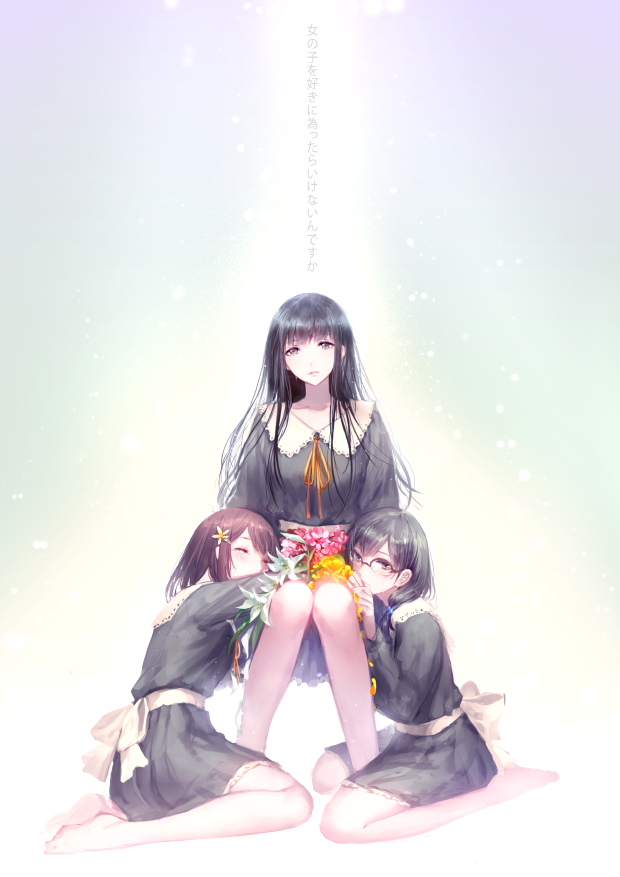 3girls barefoot black_hair brown_hair crying dress flower flowers_(innocent_grey) girl_sandwich glasses hanabishi_rikka irua kousaka_mayuri leaning_on_person long_hair multiple_girls sandwiched seiza shirahane_suou sitting yuri