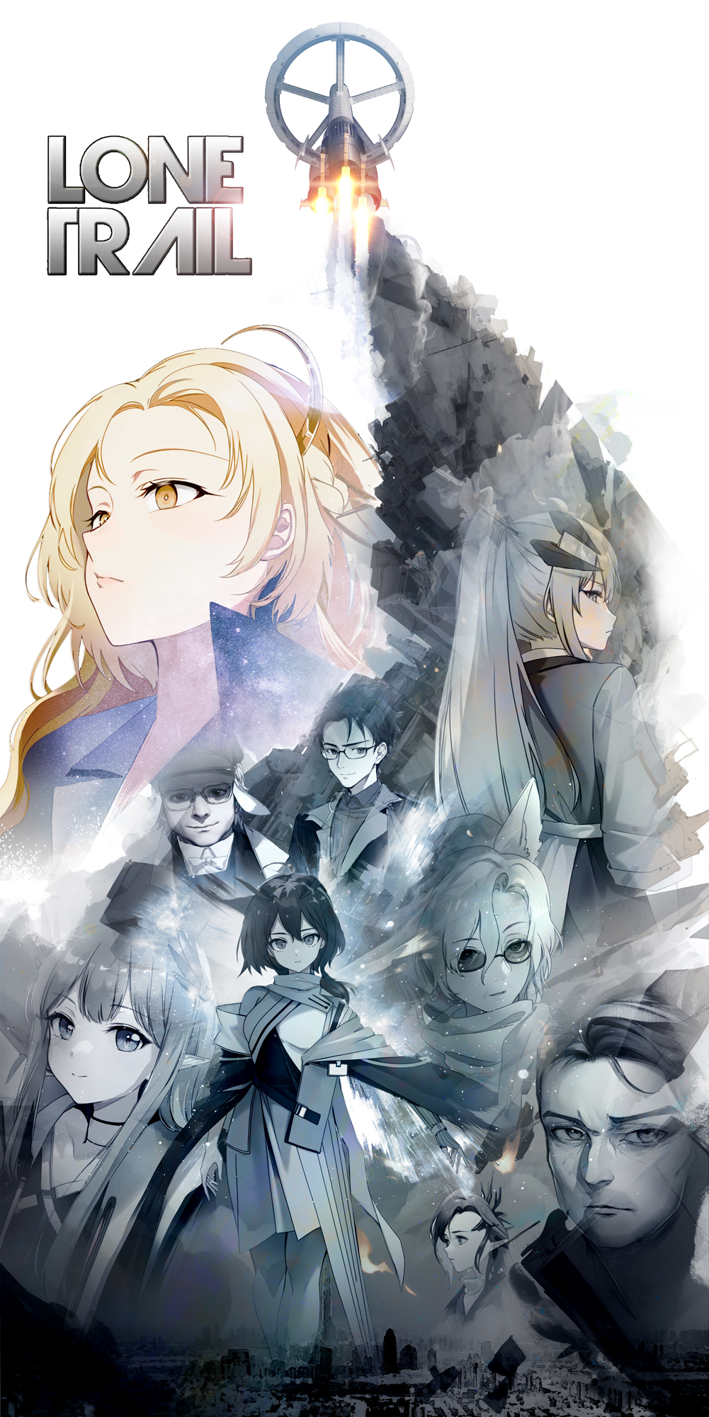 3boys 6+girls animal_ears arknights blonde_hair ferdinand_(arknights) glasses goat_ears grey_hair h.a.m.h.r.r. highres horns jara_(arknights) justin_(arknights) kristen_(arknights) long_hair muelsyse_(arknights) multiple_boys multiple_girls nasti_(arknights) partially_colored parvis_(arknights) pointy_ears ponytail rocket saria_(arknights) serious short_hair silence_(arknights) silence_the_paradigmatic_(arknights) smile sunglasses wolf_ears yindelaixi
