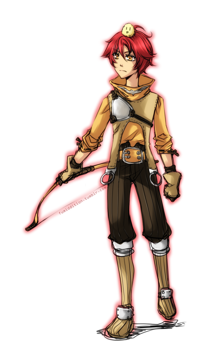 1boy animal animal_on_head archer_(ragnarok_online) belt bird bird_on_head black_shorts brown_belt brown_gloves brown_shirt chick closed_mouth commentary english_commentary expressionless full_body fumiddition gloves long_sleeves looking_afar male_focus muneate on_head orange_eyes ragnarok_online red_hair shirt short_hair shorts simple_background solo watermark web_address white_background