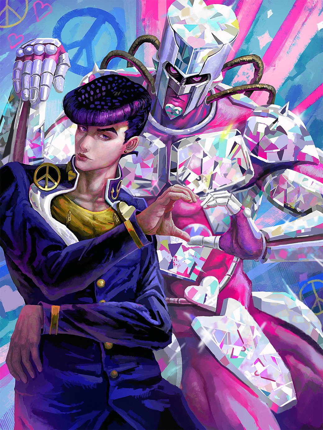 1boy abstract_background anchor_ornament armor buttons closed_mouth colored_skin colorful crazy_diamond diamond_wa_kudakenai formal_clothes gakuran heart heart_hands heart_ornament helmet higashikata_josuke highres jacket jojo_no_kimyou_na_bouken pauldrons peace_symbol pink_skin pompadour purple_eyes purple_gakuran purple_hair school_uniform shiny_clothes shirt shoulder_armor stand_(jojo) suit suit_jacket yanmanxplore yellow_shirt