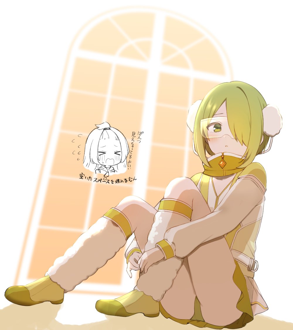 &gt;_&lt; 2girls azumi_hagumu bangs_pinned_back chibi chibi_inset closed_eyes commentary_request earmuffs flying_sweatdrops fujishiro_emyu full_body goggles green_eyes green_footwear green_hair green_jacket green_panties green_skirt hair_over_one_eye hugging_own_legs jacket knees_up leg_warmers long_sleeves looking_at_viewer magia_record:_mahou_shoujo_madoka_magica_gaiden magical_girl mahou_shoujo_madoka_magica miyabi_shigure multiple_girls one_eye_covered panties pantyshot shoes short_hair sidelocks sitting skirt solo_focus translation_request underwear
