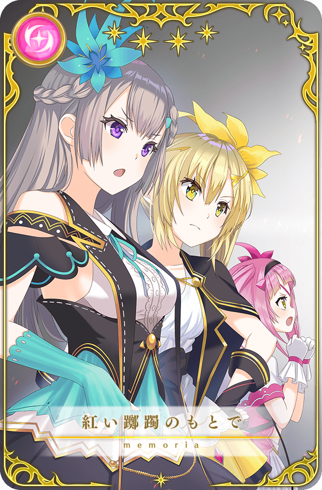 3girls artist_request azalea_(flower) bare_shoulders black_capelet black_gloves black_hairband black_jacket black_skirt blonde_hair blouse blue_arm_warmers blue_flower blue_ribbon blunt_bangs bracelet braid breasts buttons capelet card_(medium) center_frills clenched_hands closed_mouth clothing_cutout collarbone collared_jacket collared_shirt cowboy_shot cropped_jacket determined dot_nose embers eyelashes fingerless_gloves flower frilled_gloves frilled_skirt frills from_side frown game_cg gloves gradient_background green_eyes grey_background grey_hair hair_flower hair_ornament hair_ribbon hairband hand_on_own_hip jacket jewelry lapels light_blush long_hair looking_ahead magia_record:_mahou_shoujo_madoka_magica_gaiden magical_girl mahou_shoujo_madoka_magica medium_breasts mikuri_ayame miniskirt multiple_girls neck_ribbon notched_lapels official_art open_mouth picture_frame pink_flower pink_hair pleated_skirt purple_eyes purple_pupils ribbon ribbon-trimmed_jacket shirt shizumi_konoha short_sleeves shoulder_cutout side_braids side_ponytail side_slit skirt sleeveless sleeveless_shirt star_(symbol) straight_hair translated tress_ribbon twin_braids twintails v-shaped_eyebrows very_long_hair white_gloves white_jacket white_shirt white_skirt yellow_eyes yellow_flower yellow_pupils yellow_skirt yusa_hazuki