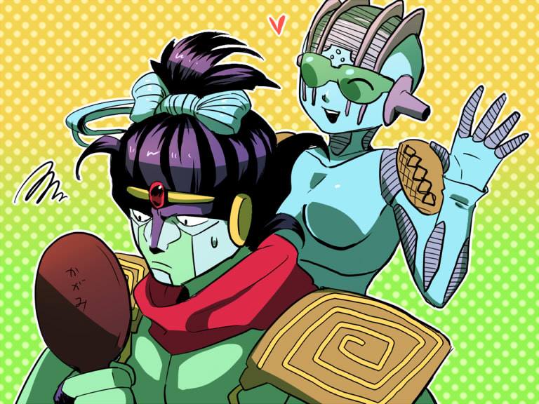 ^_^ ^o^ android closed_eyes expressionless glasses goggles gradient_background green_background happy heart holding jojo_no_kimyou_na_bouken kamiura machinery md5_mismatch mirror no_humans non-web_source ribbon smile stand_(jojo) star_platinum stone_free translation_request waving yellow_background