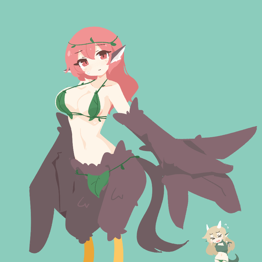 2girls animal_ears big_o_pants bird_ears bird_legs black_feathers black_wings blush breasts cleavage commentary_request emilia_(big_o_pants) feather_fingers feathers fio-chan_(big_o_pants) green_background hair_between_eyes harpy large_breasts leaf_clothing long_hair looking_at_viewer monster_girl multiple_girls original plant red_eyes red_hair simple_background sweatdrop vines winged_arms wings